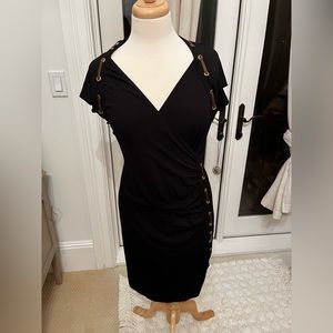 Black midi dress with stretch and leather detail NWOT